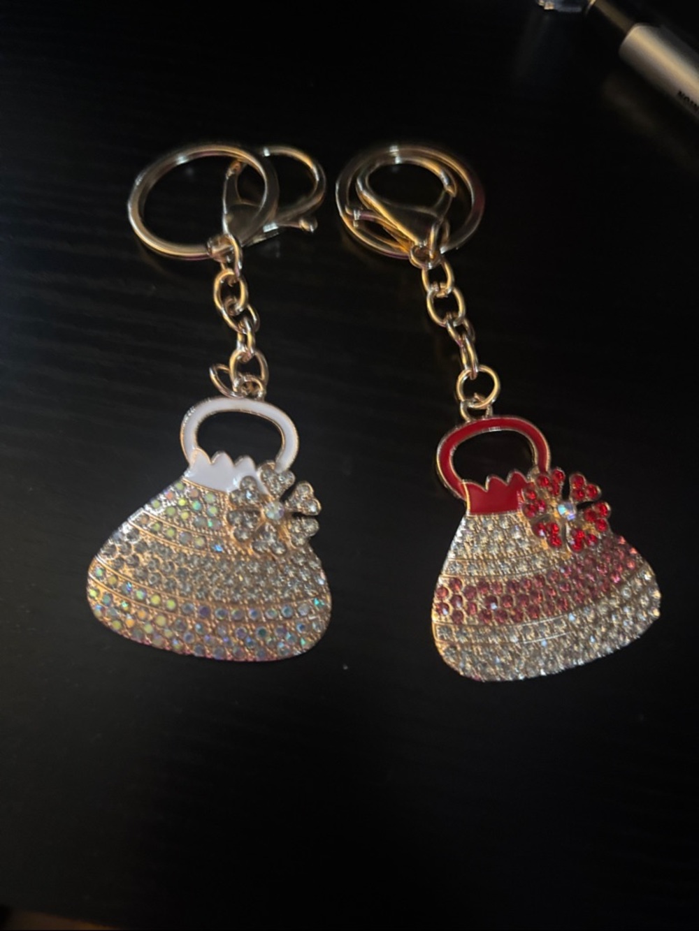 Rhinestone Purse Keychain Set - Gold Tone with Crystal Accents